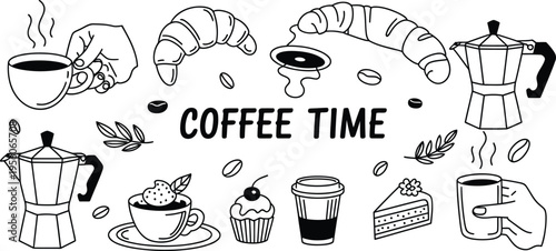 Coffee time illustration featuring croissants coffee pots and various sweet treats