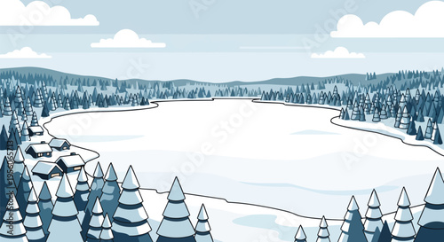 Stylized winter landscape with charming snow-covered houses beside a wide frozen lake, bordered by a dense evergreen forest beneath a soft, cloudy