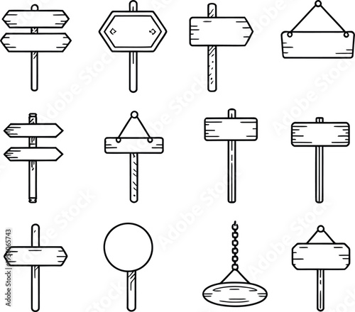 Collection of hand drawn style wooden signpost and blank sign illustrations