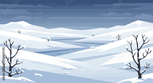 A serene vector illustration of a minimalist winter landscape with snow-covered hills and a frozen river under a crisp blue