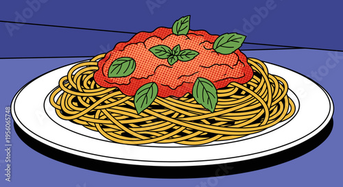 Illustration of spaghetti topped with rich tomato sauce and fresh basil leaves on a white plate, set against a vibrant blue background