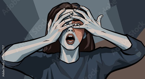 Illustration of a woman dramatically covering her face with hands, expressing shock, in a stylized graphic with bold colors and geometric shadows