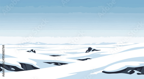 Vast tranquil arctic landscape with smooth snowdrifts and dark rock formations beneath a cool blue sky conveying immense solitude and crisp frozen