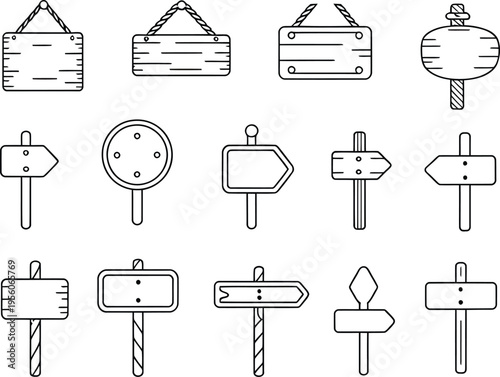 Collection of simple linear signs and wooden boards hanging from ropes