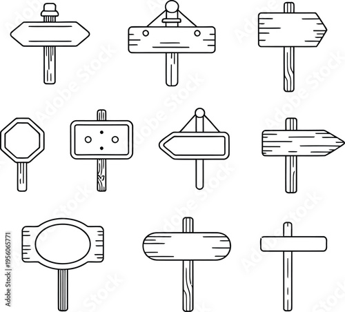 Collection of various wooden signpost and direction arrow illustrations in black and white