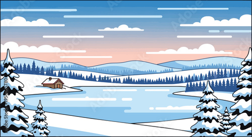 A serene winter landscape unfolds with a solitary cabin nestled beside a frozen lake surrounded by snow-laden evergreen forests beneath a tranquil