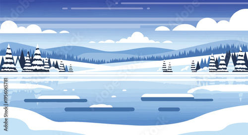 Serene winter landscape illustration featuring snowy trees and a frozen lake