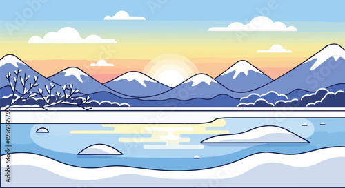 Serene winter panorama showcasing majestic snow-covered mountains, a reflective icy lake, and a warm sunrise