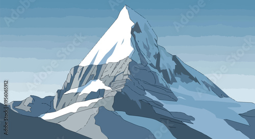A breathtaking stylized illustration of a magnificent snow-capped mountain peak, standing tall against a vibrant blue sky, evoking serene alpine