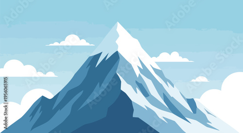 Stylized depiction of a towering snow-capped mountain reaching into a serene sky with minimalist clouds