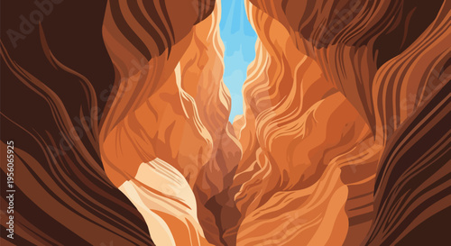 Vibrant vector art of a majestic slot canyon with sculpted orange sandstone and bright blue sky.