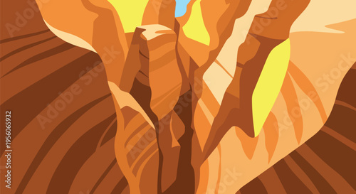 Abstract canyon walls bathed in golden light, showcasing layered geological formations and vibrant earthy tones, with a sliver of distant sky