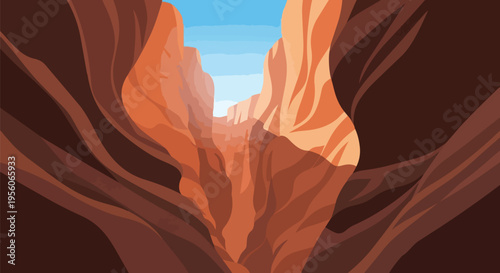 Deep winding canyon gorge with towering geological red rock formations and a vibrant blue sky