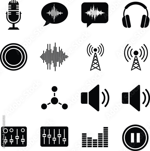 Solid black icons for sound, music, and broadcast themes