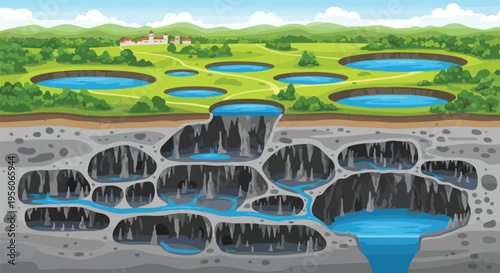 Geological cross-section of karst, featuring surface lakes, interconnected subterranean caves, rivers, stalactites, stalagmites. Illustrates natural