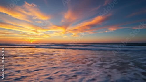 Vibrant sunset over ocean waves creating atmospheric and colorful scene