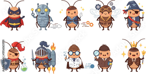 Funny Cockroach Characters in Fantasy Costumes Vector Illustration Set Featuring Superhero, Knight, Scientist, Fairy, Viking, and Cartoon Insect Mascots Collection