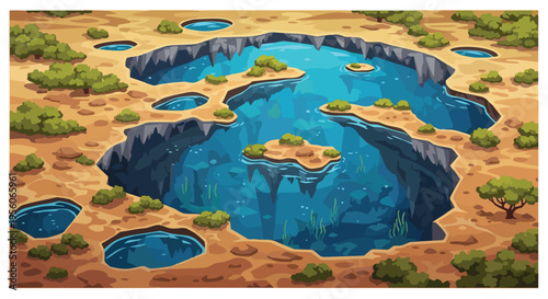 Vibrant stylized landscape with interconnected deep blue sinkholes and lush scattered vegetation.