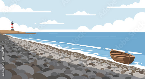 Idyllic coastal flat design illustrating a tranquil pebble beach with a small wooden rowboat near gentle waves and a distant striped lighthouse