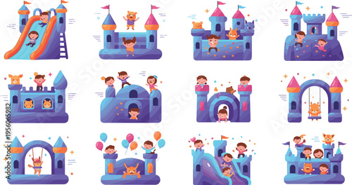 Kids Playground Activities Vector Illustration Set Featuring Children Playing Slides, Swings, Castle Play Structures, Fun Park Games and Outdoor Entertainment Scenes