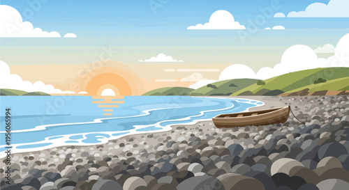 A tranquil sunrise scene on a pebble beach with a lone boat, calm ocean, and green hills. The perfect peaceful morning moment captured beautifully,