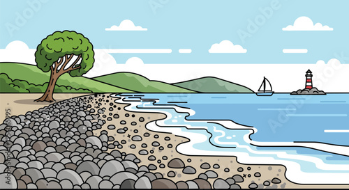 Coastal panorama showcasing a textured pebble beach, a lone tree, serene ocean waves, a distant sailboat, and a striking lighthouse under a bright