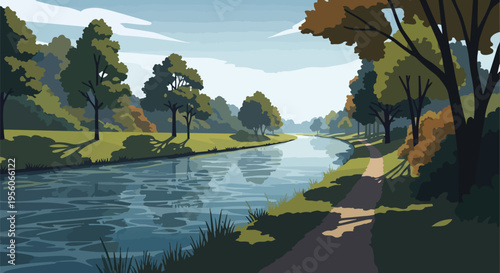 Serene illustrated river landscape flowing gently through lush green parkland with a winding riverside path under a soft blue sky reflecting