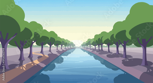 A serene vector illustration of a tranquil canal bordered by lush green trees stretching into the sunlit horizon at dawn or dusk offering a peaceful