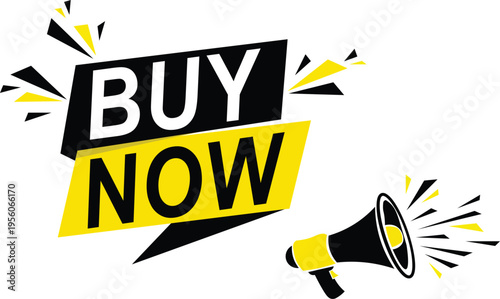 Buy Now text with megaphone and abstract shapes announcement
