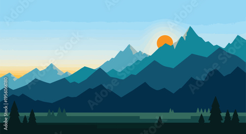 Serene minimalist mountain range landscape at dawn or dusk vibrant hues illuminating peaks and valleys with a peaceful atmosphere digital