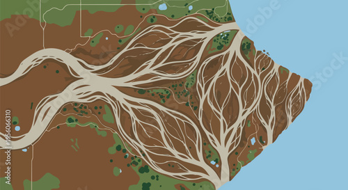 Intricate River Delta System Spreading Across Brownish Terrain Toward Vast Blue Waters