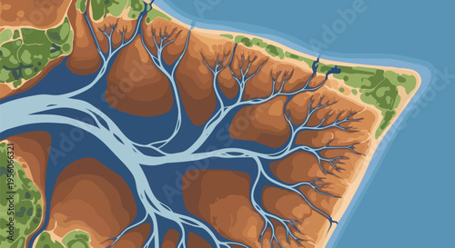 Intricate aerial depiction of a sprawling river delta ecosystem with branching waterways and coastal mudflats merging into the ocean