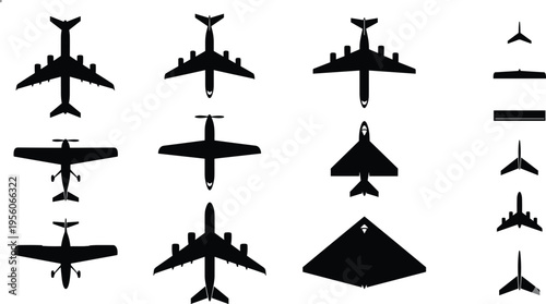 Military and Commercial Aircraft Silhouette Vector Set with Top View Airplane Icons for Aviation, Defense and Transport Design Projects