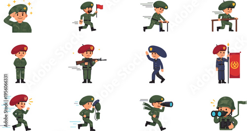 Military Soldier Characters Action Set Vector Illustration Featuring Army Troops in Combat, Salute, Patrol, Shooting and Tactical Operations Cartoon Collection