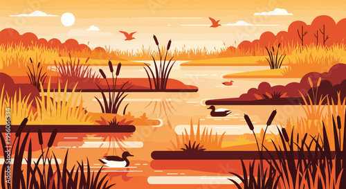 Serene autumn wetlands with ducks swimming amidst vibrant reeds and distant flying birds under a tranquil evening sky.