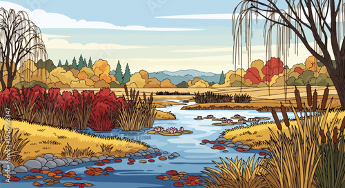 Vibrant autumn landscape illustration featuring a winding river, golden reeds, red bushes, and majestic willow trees under a soft, cloudy sky.