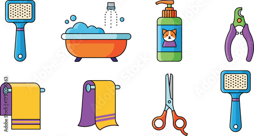 Pet Grooming Tools and Accessories Vector Set with Brush, Bathtub, Shampoo Bottle, Nail Clippers, Towels and Scissors for Animal Care Illustration
