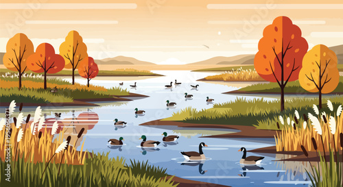 An immersive and tranquil autumn landscape illustration depicting a winding river teeming with ducks and geese, framed by vibrant fall foliage and