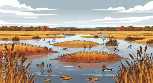 A tranquil wetland scene with diverse aquatic wildlife. Mallard ducks glide and graceful herons stand amidst golden marsh reeds beneath a calm sky