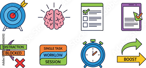 Productivity and Focus Icon Set with Target Goal, Brain Power, Checklist, Time Management, Distraction Blocking and Workflow Boost Vector Illustration Collection