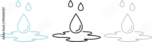 Three styles of water drops falling into puddles falling water