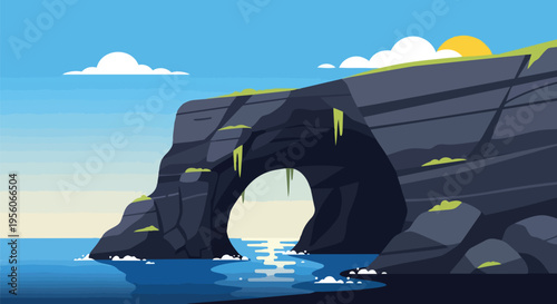 Stylized natural ocean sea arch rock formation with bright sky and sun, showcasing a tranquil coastal landscape illustration with reflections on