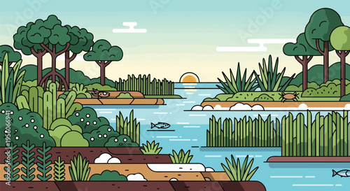 Vibrant flat vector illustration of a thriving river ecosystem lush green vegetation diverse aquatic life a snake and a crab under a serene sun