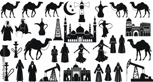 Arabic, culture, silhouette, set, camel, mosque, oil, pump, desert, people, dancer, tradition, middle, east, islam, building, vector, icon, shisha, illustration.