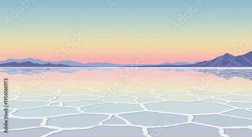 A captivating vector illustration depicting the vast, reflective expanse of a salt flat or tranquil frozen lake at sunset, with distant mountains