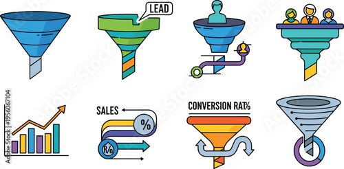 Sales Funnel and Lead Conversion Icon Set Featuring Marketing Pipelines Customer Acquisition Charts and Business Revenue Analytics Symbols for Digital Growth Strategy Designs