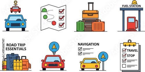 Road Trip Essentials Icon Set Featuring Car Navigation Fuel Station Map and Luggage Symbols for Travel Planning Vacation Logistics and Automotive App Designs