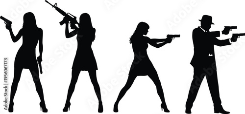 Silhouette, set, action, characters, weapons, guns, woman, man, spy, agent, assassin, tactical, shooter, crime, thriller, isolated, vector, illustration, pistol, rifle.