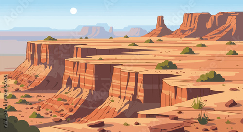 Panoramic vista of a sprawling, rugged desert canyon system under a bright sky, showcasing immense stratified sandstone cliffs, deep ravines, and