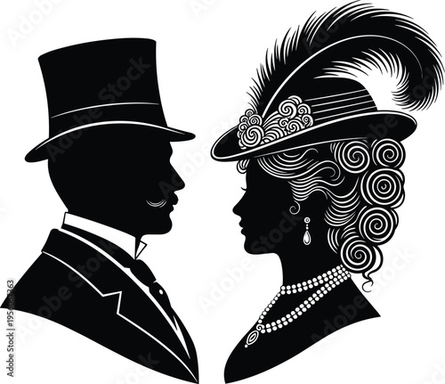 Vintage, victorian, silhouette, couple, gentleman, lady, profile, antique, portrait, retro, fashion, edwardian, hat, feather, tuxedo, pearl, classy, vector, illustration, black.